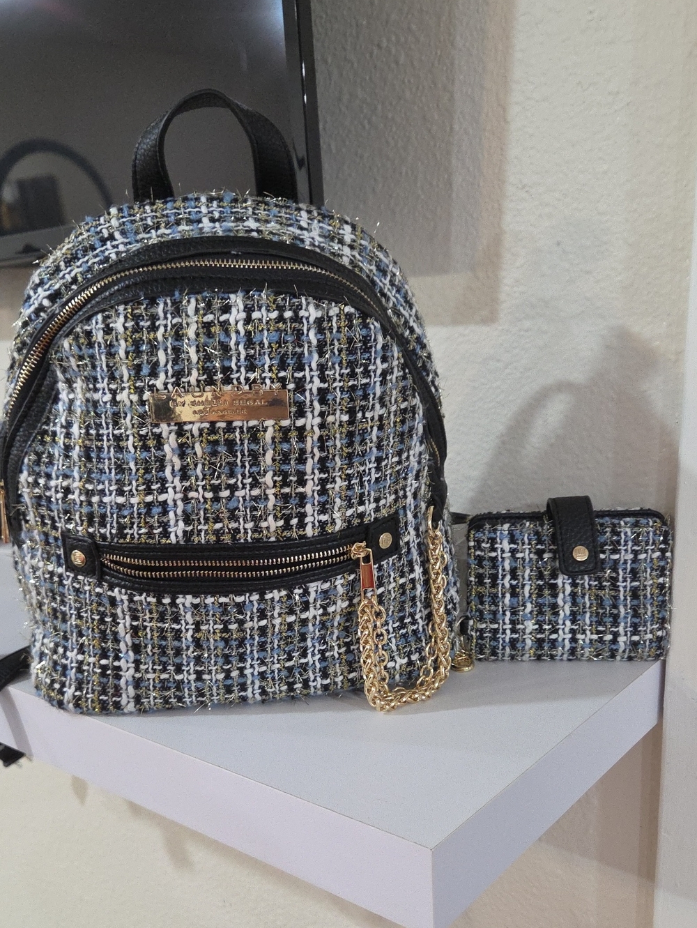 Laundry By Shell Segal Tweed Mini Backpack & Wallet Set - Black, White & Blue